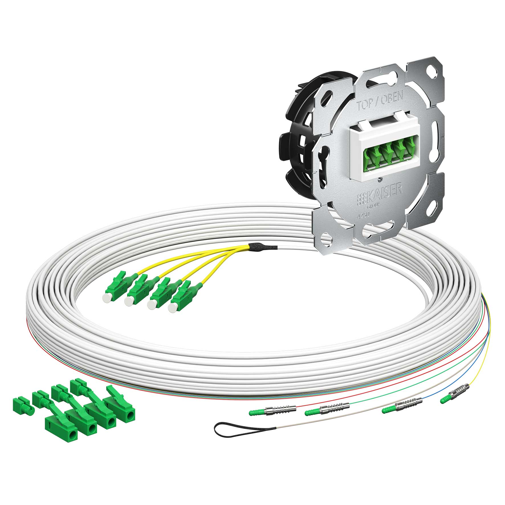 Teilnehmeranschluss Gf-TA E3S Connect®, Unterputz, 4xF, LC/APC QD, L=15m, HÜP, vorkonfektioniert, shutter, LC/APC