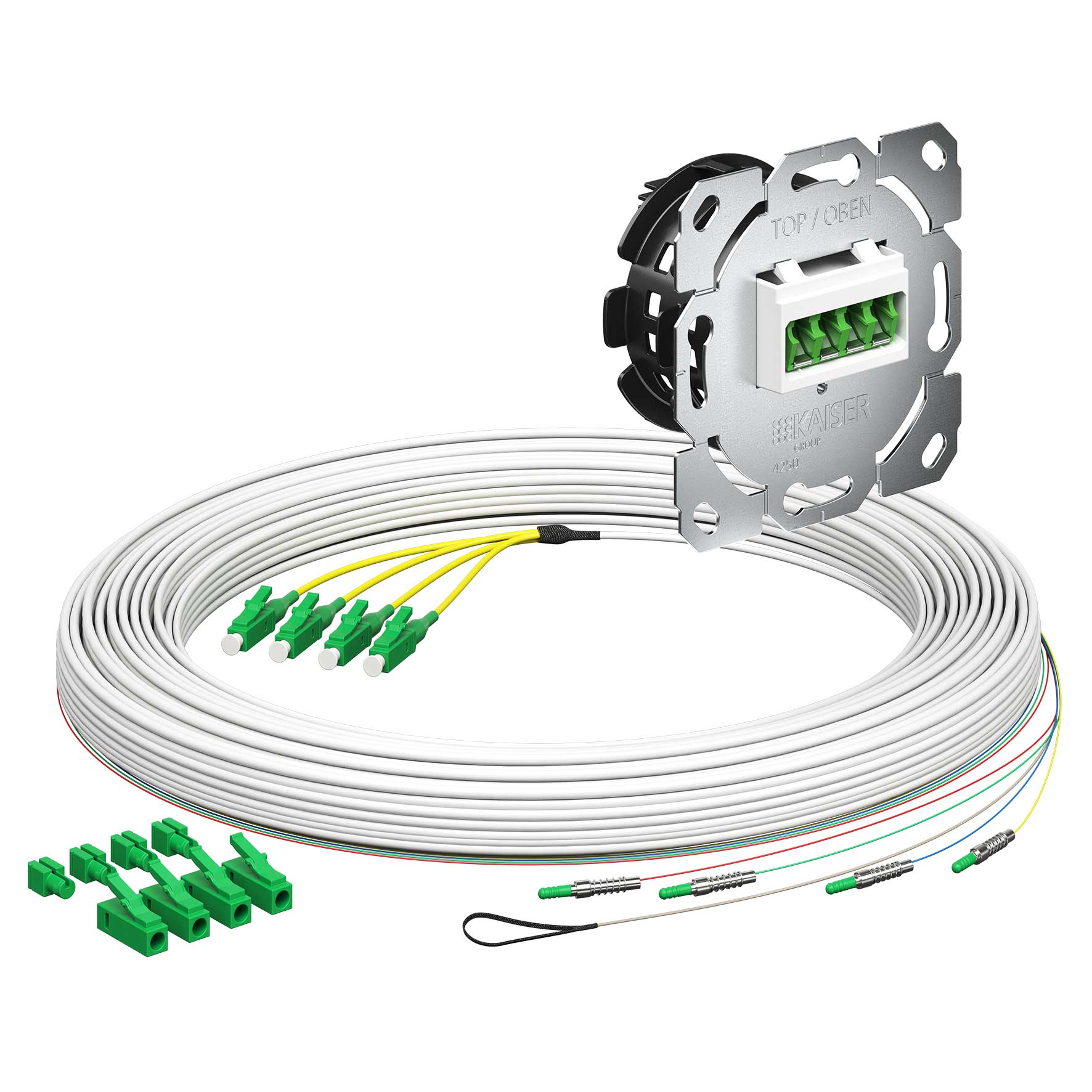 Teilnehmeranschluss Gf-TA E3S Connect®, Unterputz, 4xF, LC/APC QD, L=20m, HÜP, vorkonfektioniert, shutter, LC/APC
