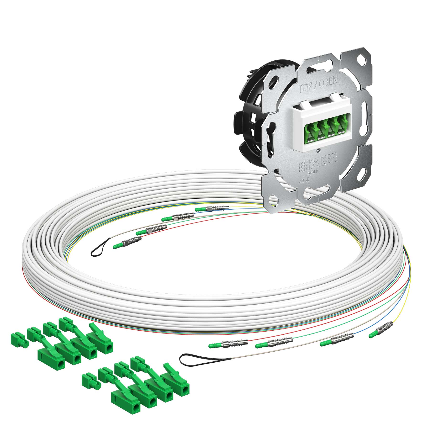Teilnehmeranschluss Gf-TA E3S Connect®, Unterputz, 4xF, LC/APC QD, L=15m, Gf-GV, vorkonfektioniert, shutter, LC/APC