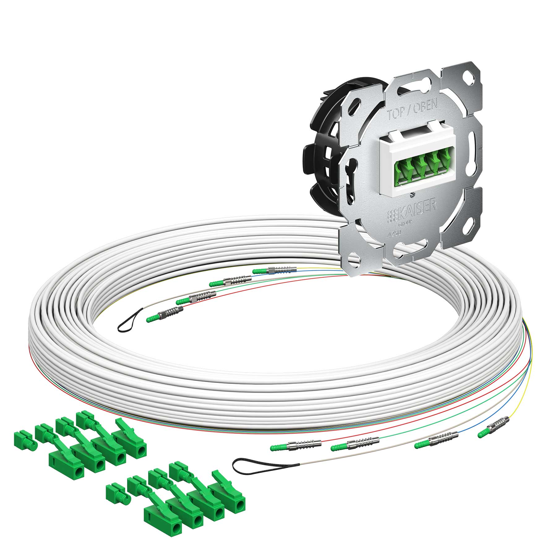 Teilnehmeranschluss Gf-TA E3S Connect®, Unterputz, 4xF, LC/APC QD, L=20m, Gf-GV, vorkonfektioniert, shutter, LC/APC