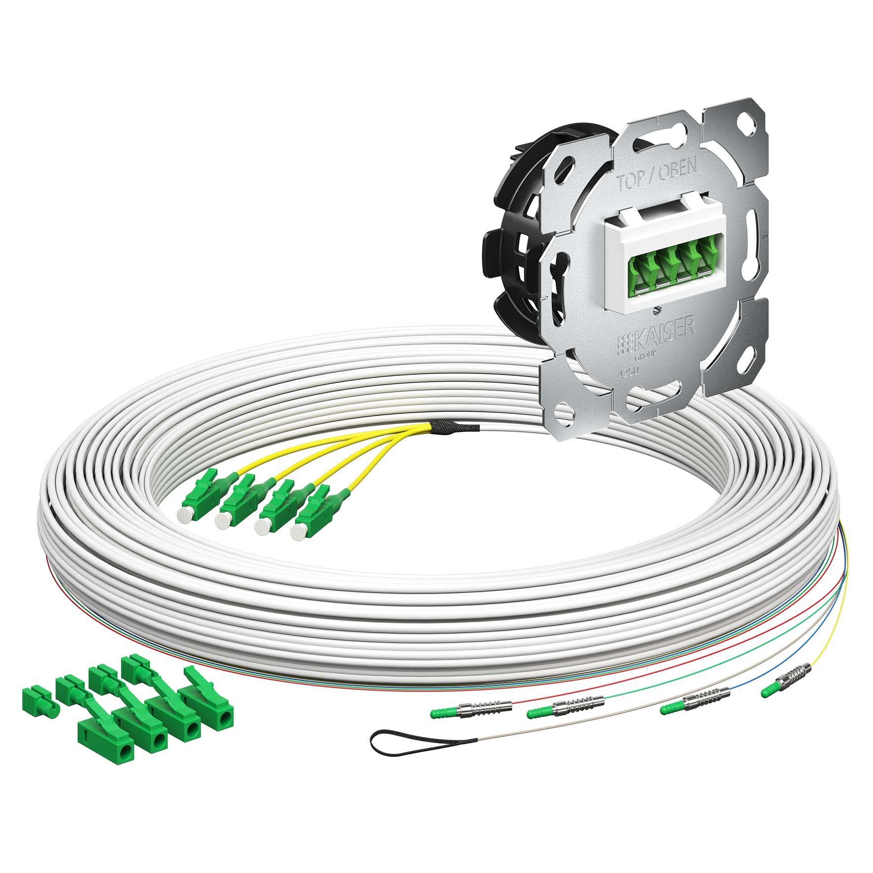 Teilnehmeranschluss Gf-TA E3S Connect®, Unterputz, 4xF, LC/APC QD, L=95m, HÜP, vorkonfektioniert, shutter, LC/APC