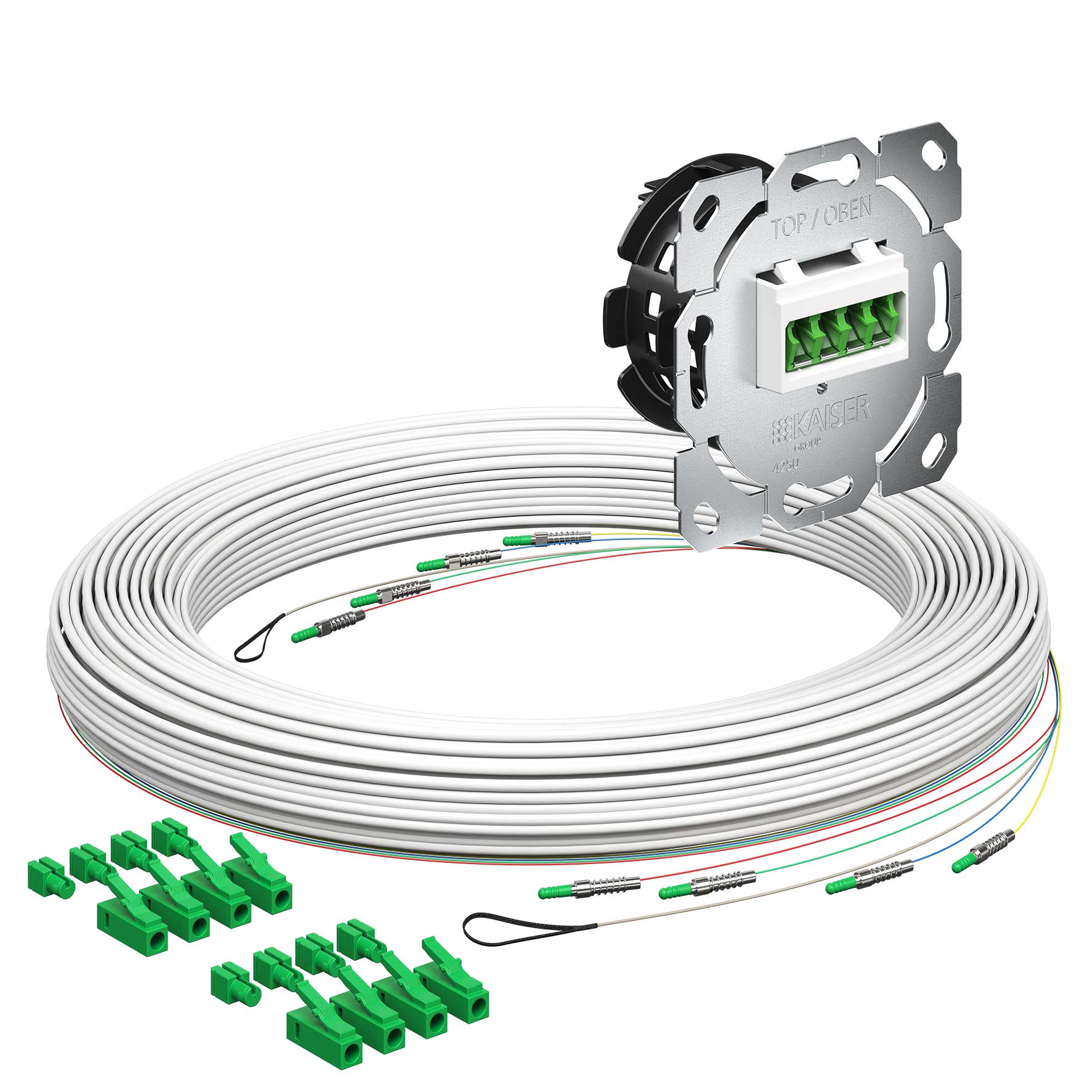 Teilnehmeranschluss Gf-TA E3S Connect®, Unterputz, 4xF, LC/APC QD, L=95m, Gf-GV, vorkonfektioniert, shutter, LC/APC