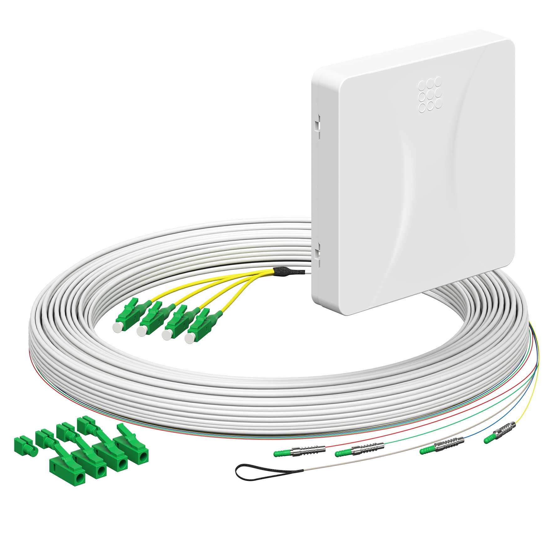Teilnehmeranschluss Gf-TA E3S Connect®, Aufputz, 4xF, LC/APC DX, L=20m, HÜP, vorkonfektioniert, shutter, LC/APC