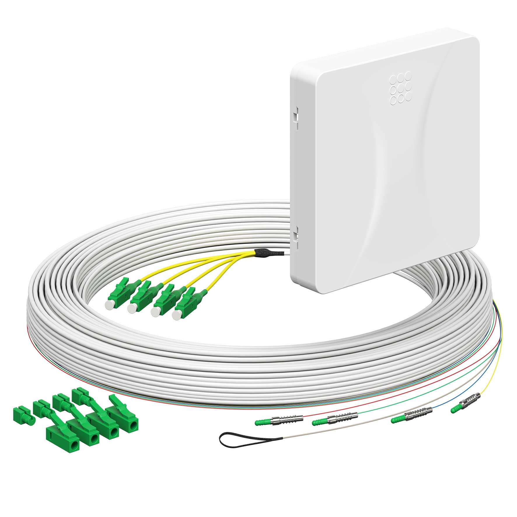 Teilnehmeranschluss Gf-TA E3S Connect®, Aufputz, 4xF, LC/APC DX, L=25m, HÜP, vorkonfektioniert, shutter, LC/APC