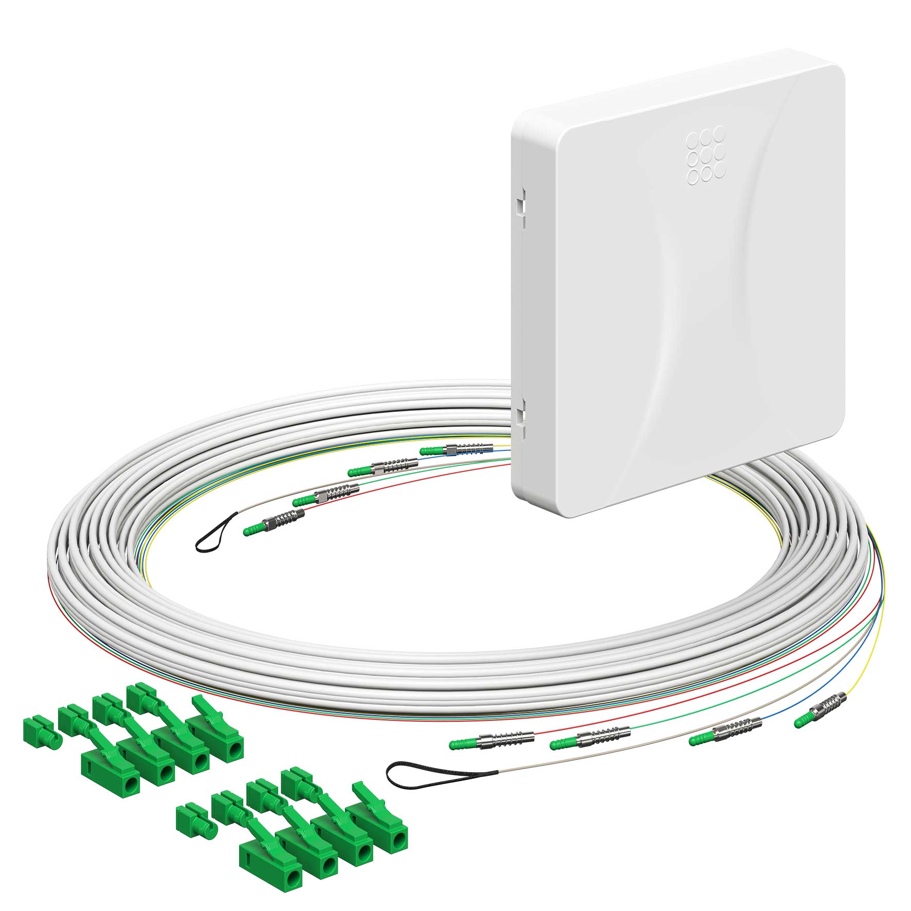 Teilnehmeranschluss Gf-TA E3S Connect®, Aufputz, 4xF, LC/APC DX, L=10m, Gf-GV, vorkonfektioniert, shutter, LC/APC