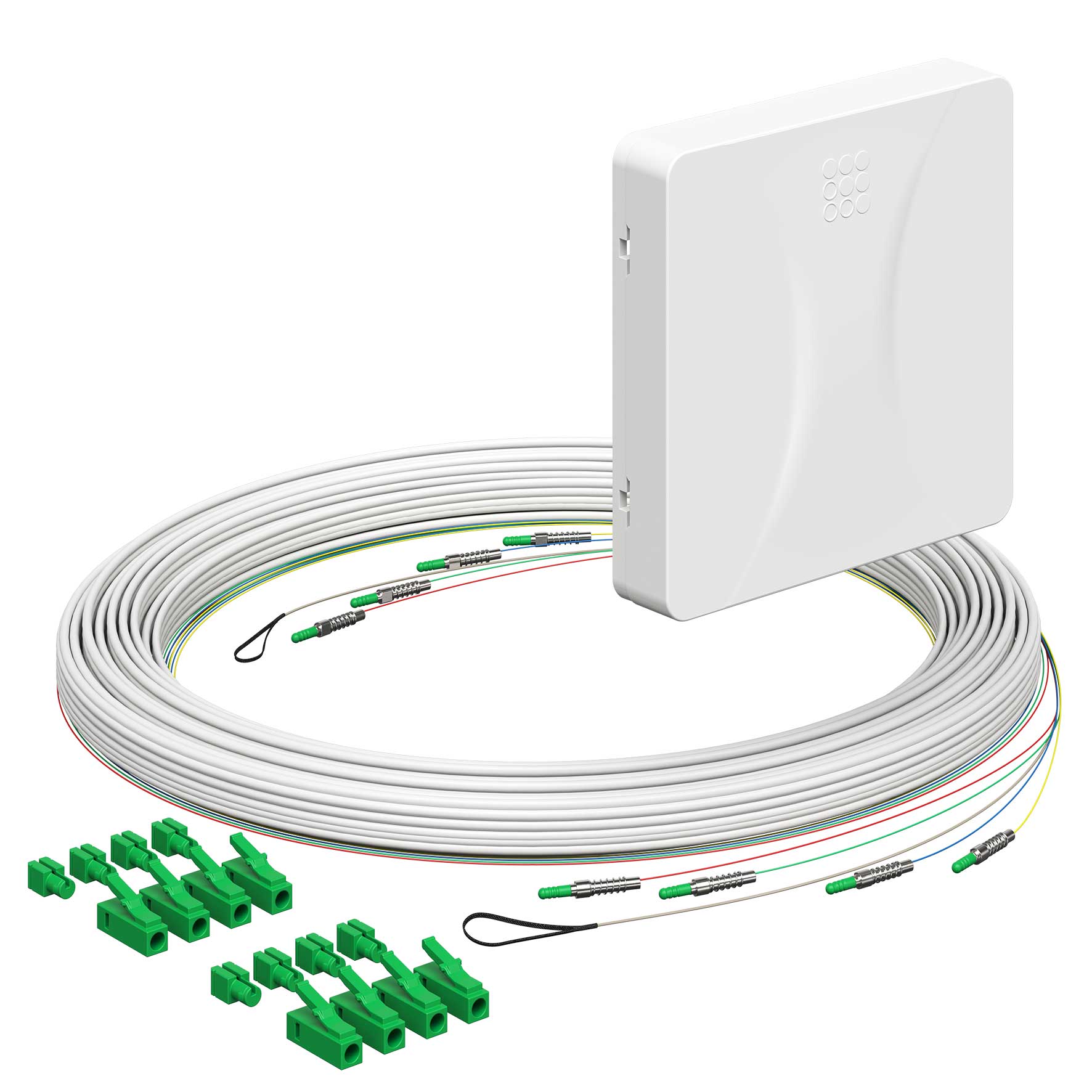 Teilnehmeranschluss Gf-TA E3S Connect®, Aufputz, 4xF, LC/APC DX, L=15m, Gf-GV, vorkonfektioniert, shutter, LC/APC