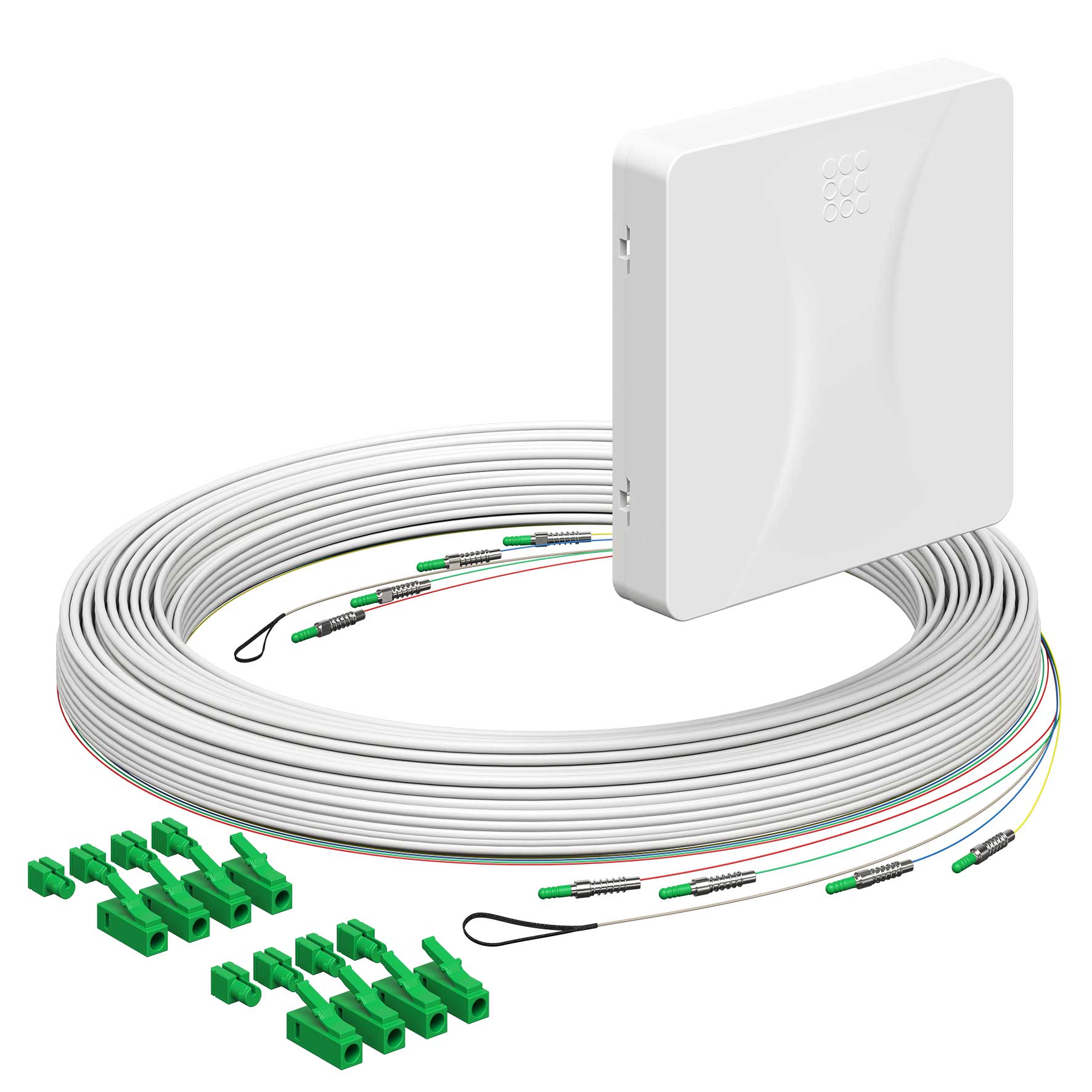 Teilnehmeranschluss Gf-TA E3S Connect®, Aufputz, 4xF, LC/APC DX, L=25m, Gf-GV, vorkonfektioniert, shutter, LC/APC