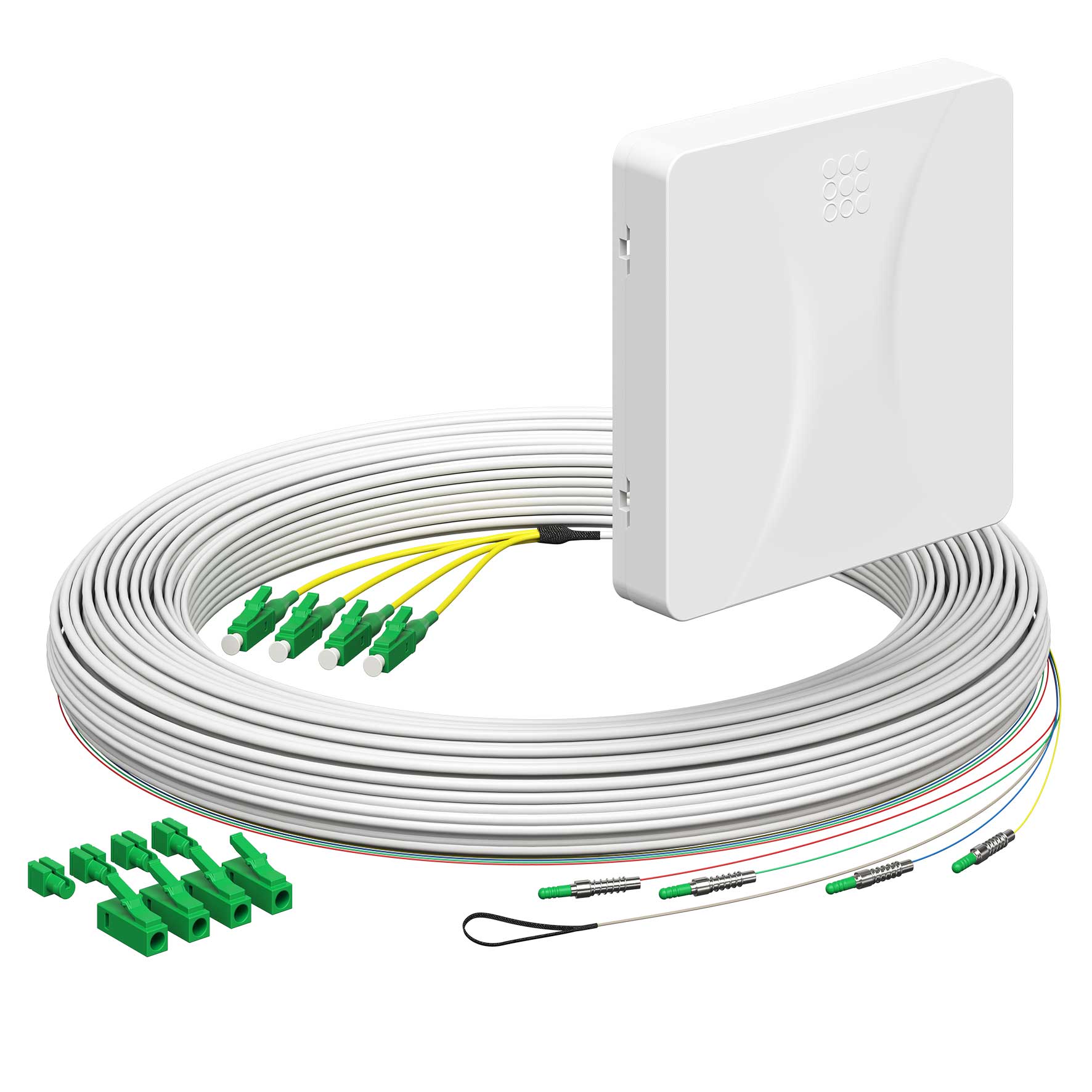 Teilnehmeranschluss Gf-TA E3S Connect®, Aufputz, 4xF, LC/APC DX, L=85m, HÜP, vorkonfektioniert, shutter, LC/APC