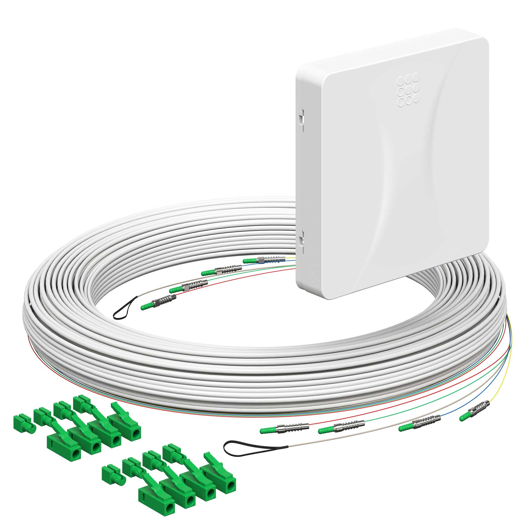 Teilnehmeranschluss Gf-TA E3S Connect®, Aufputz, 4xF, LC/APC DX, L=85m, Gf-GV, vorkonfektioniert, shutter, LC/APC