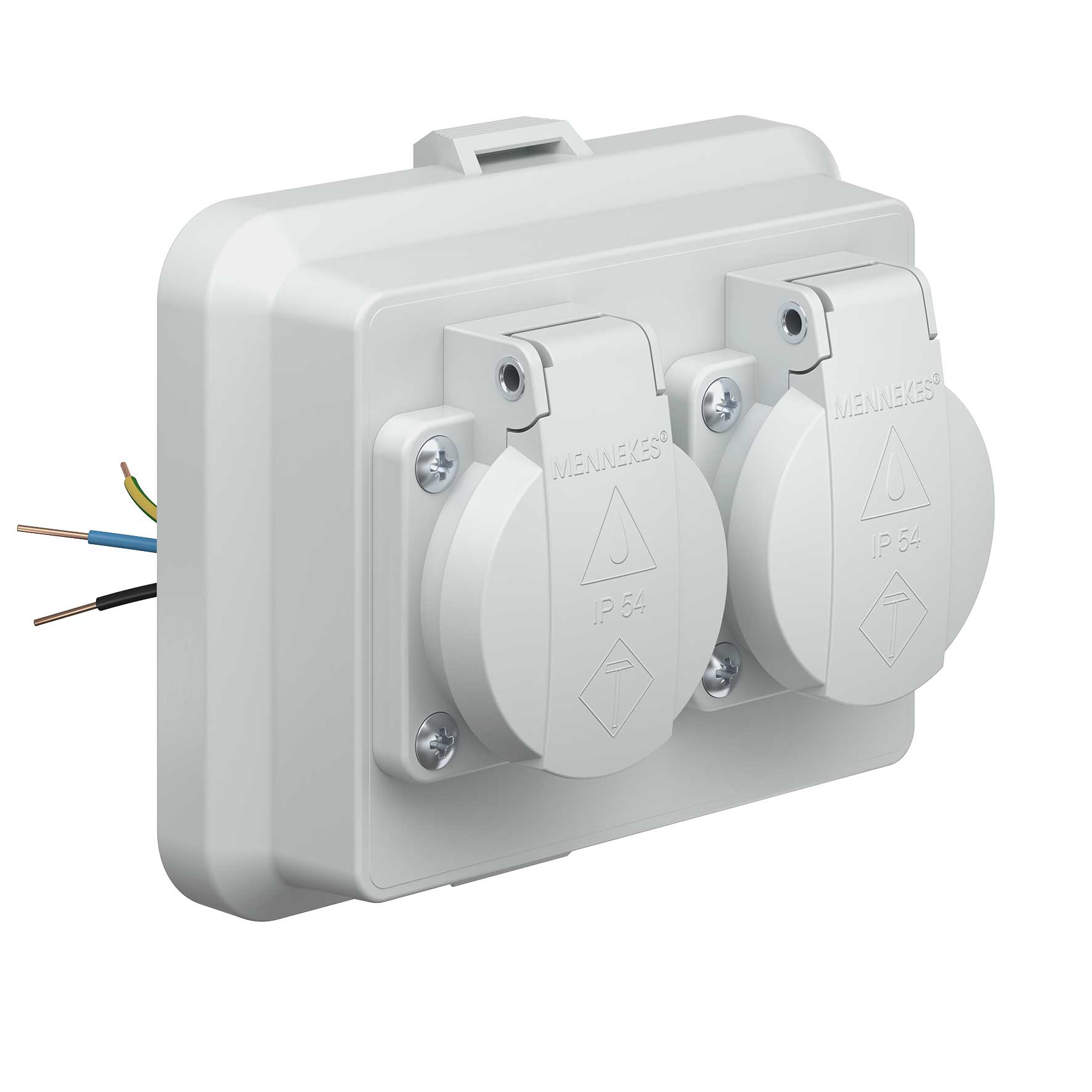 Steckbar Frontteil AK2, 2x Schutzkontakt-Steckdose, IP54, mit Klappdeckeln, in:3pol H07V-U, 125x100x58 mm, lichtgrau